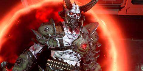 A demon with glowing red eyes and armor surrounded by flames in Doom Eternal