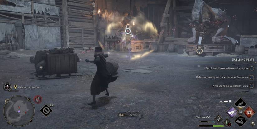 A Hogwarts Student Duelling A Poacher In Hogwarts Legacy