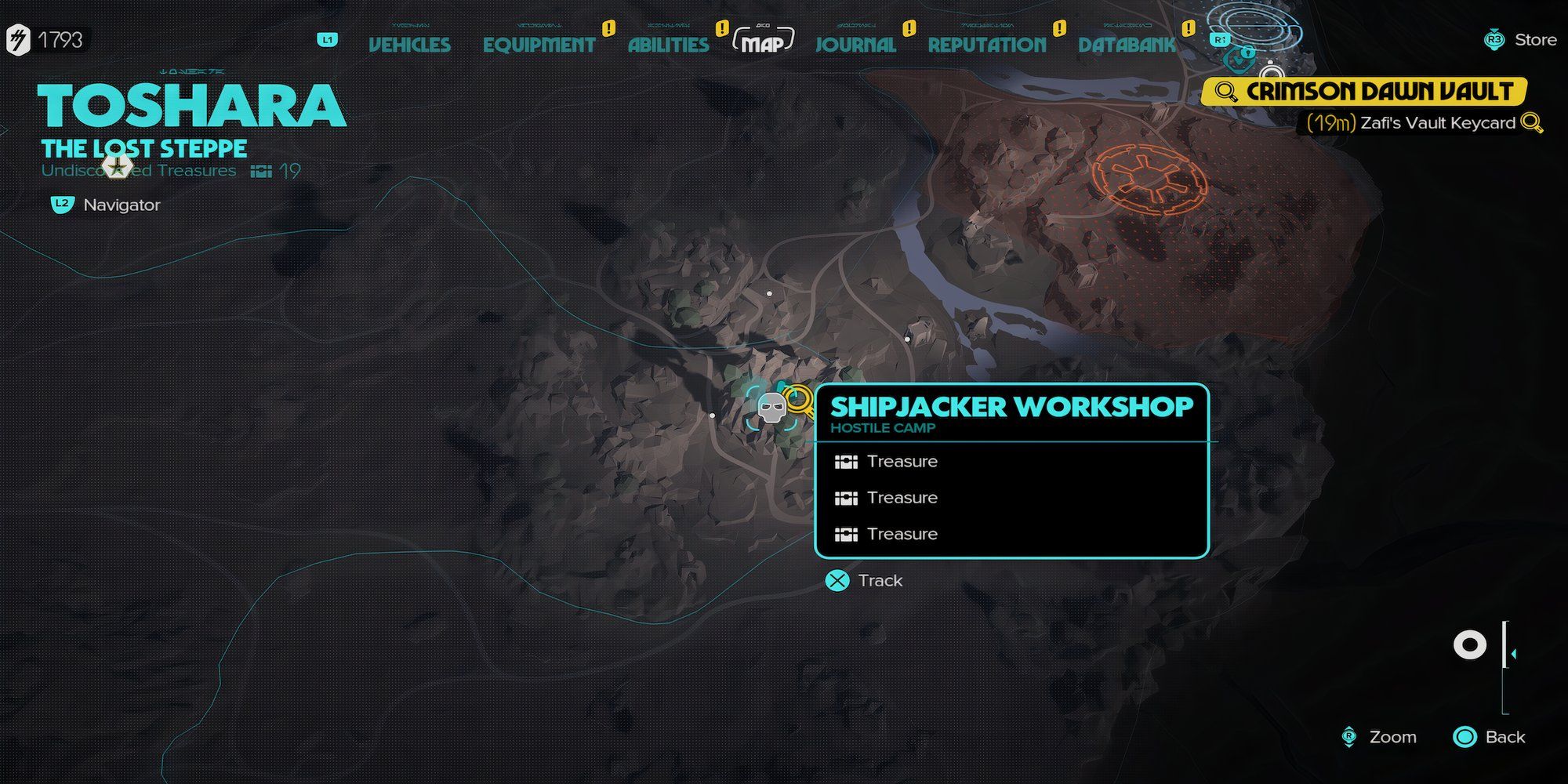 A map of the location of the Shipjacker Workshop in Star Wars Outlaws