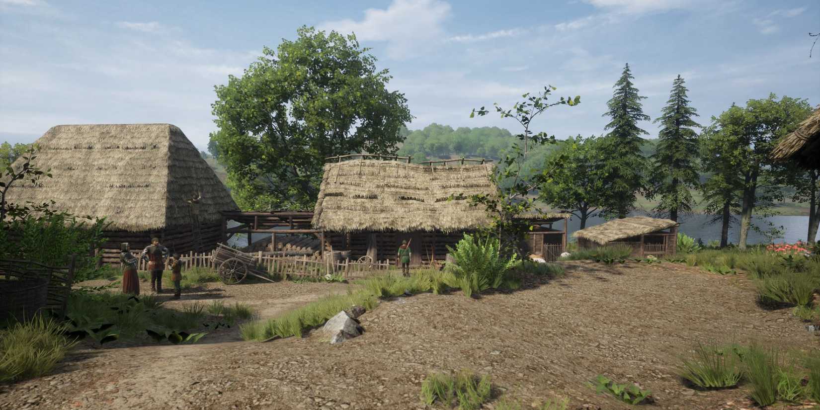 A medieval village with thatched-roof houses in Medieval Dynasty