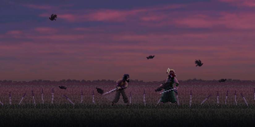 A Samurai Backs Away In A Field As A Sword-Wielding Attacker Pursues Him