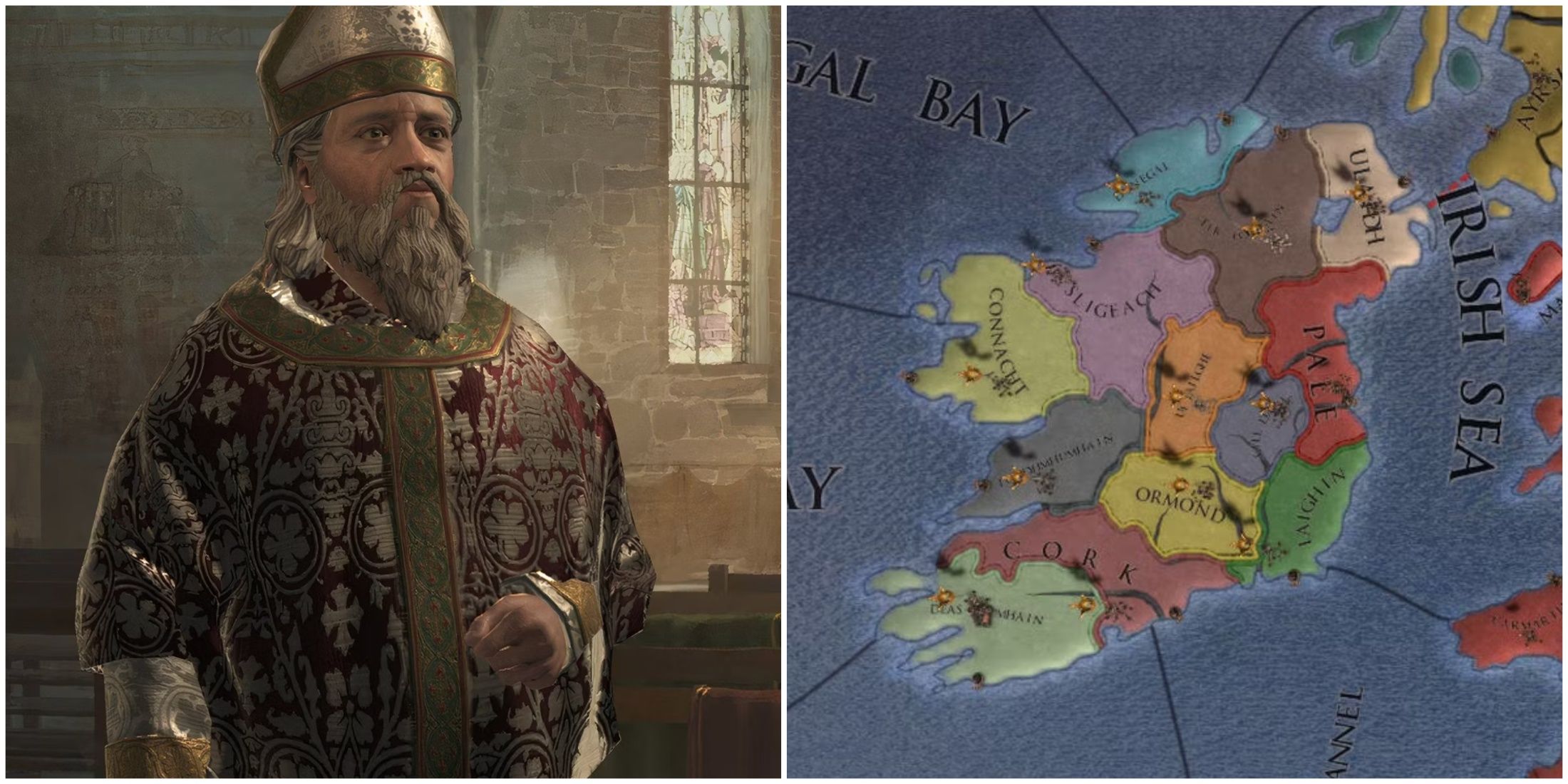 A split image of Crusader Kings 3 and Europa Universalis 4