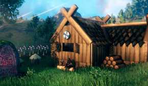 A Viking-style house in a serene landscape in Valheim