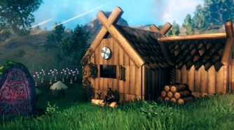 A Viking-style house in a serene landscape in Valheim