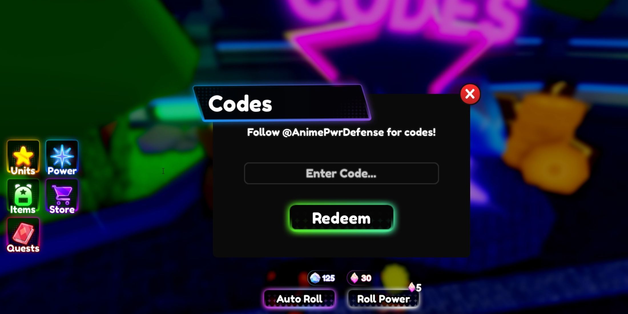 Anime Power Defense, the Codes tab