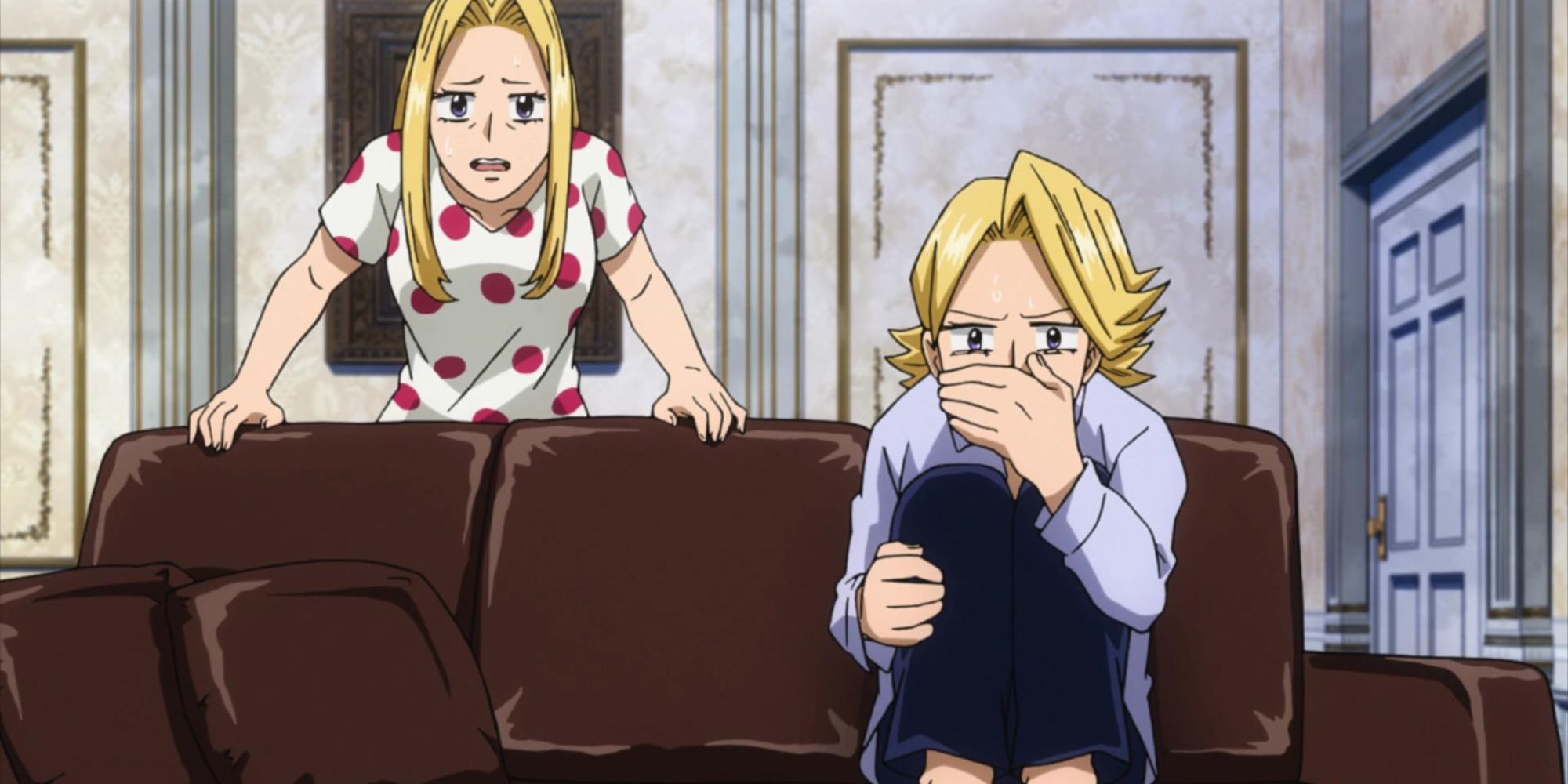 Aoyama and his mom watch All Might fighting All For One on TV.