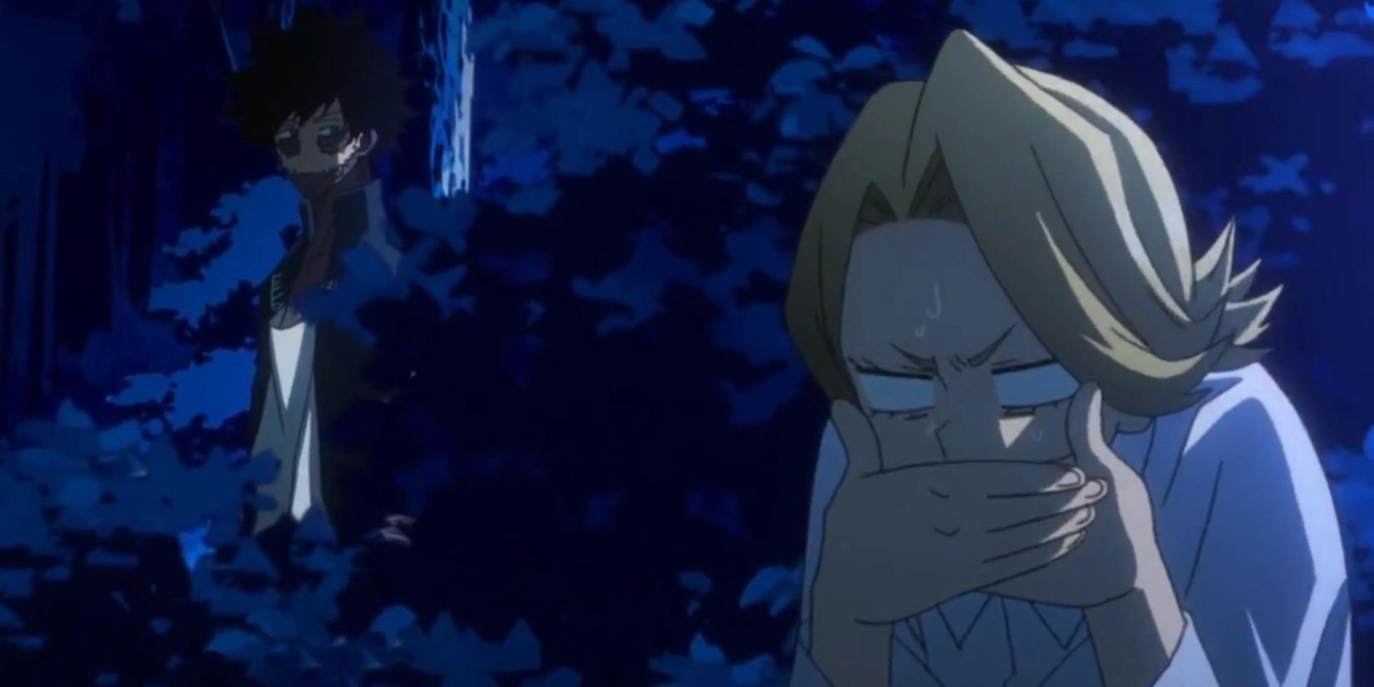 Aoyama hides from Dabi behind a bush.