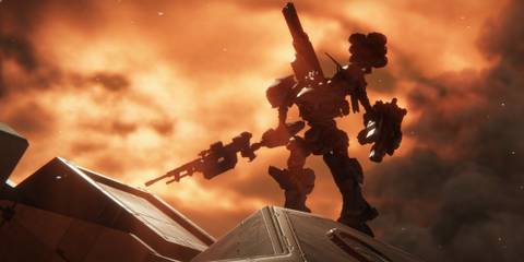Armored Core 6 pilot Raven with a dramatic scene in the background 