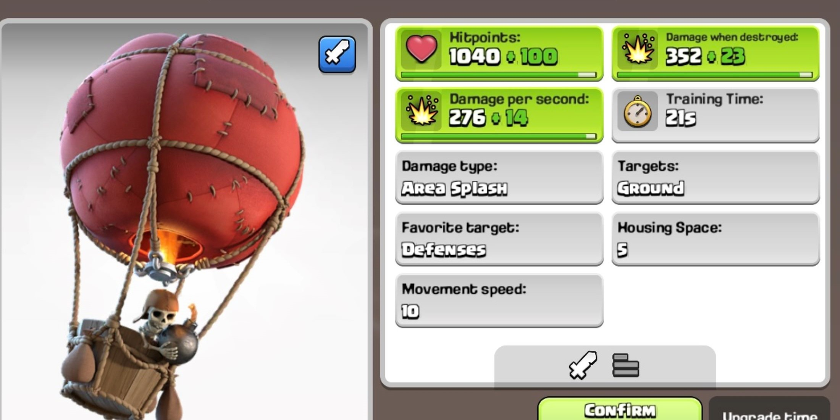 Red Balloon floating beside a display of its statistics in Clash of Clans