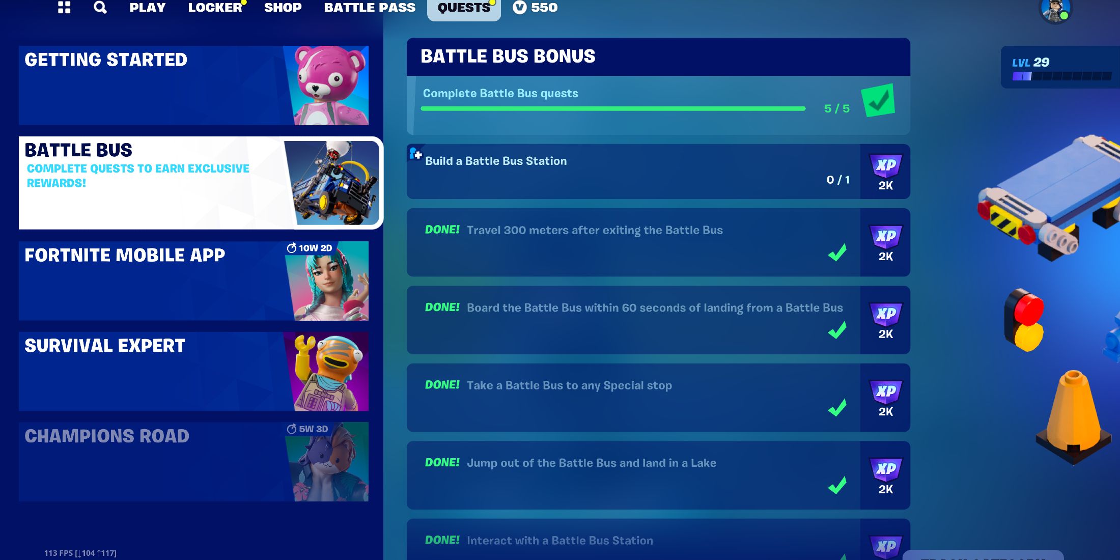 Screenshot of the Battle Bus quests in LEGO Fortnite 