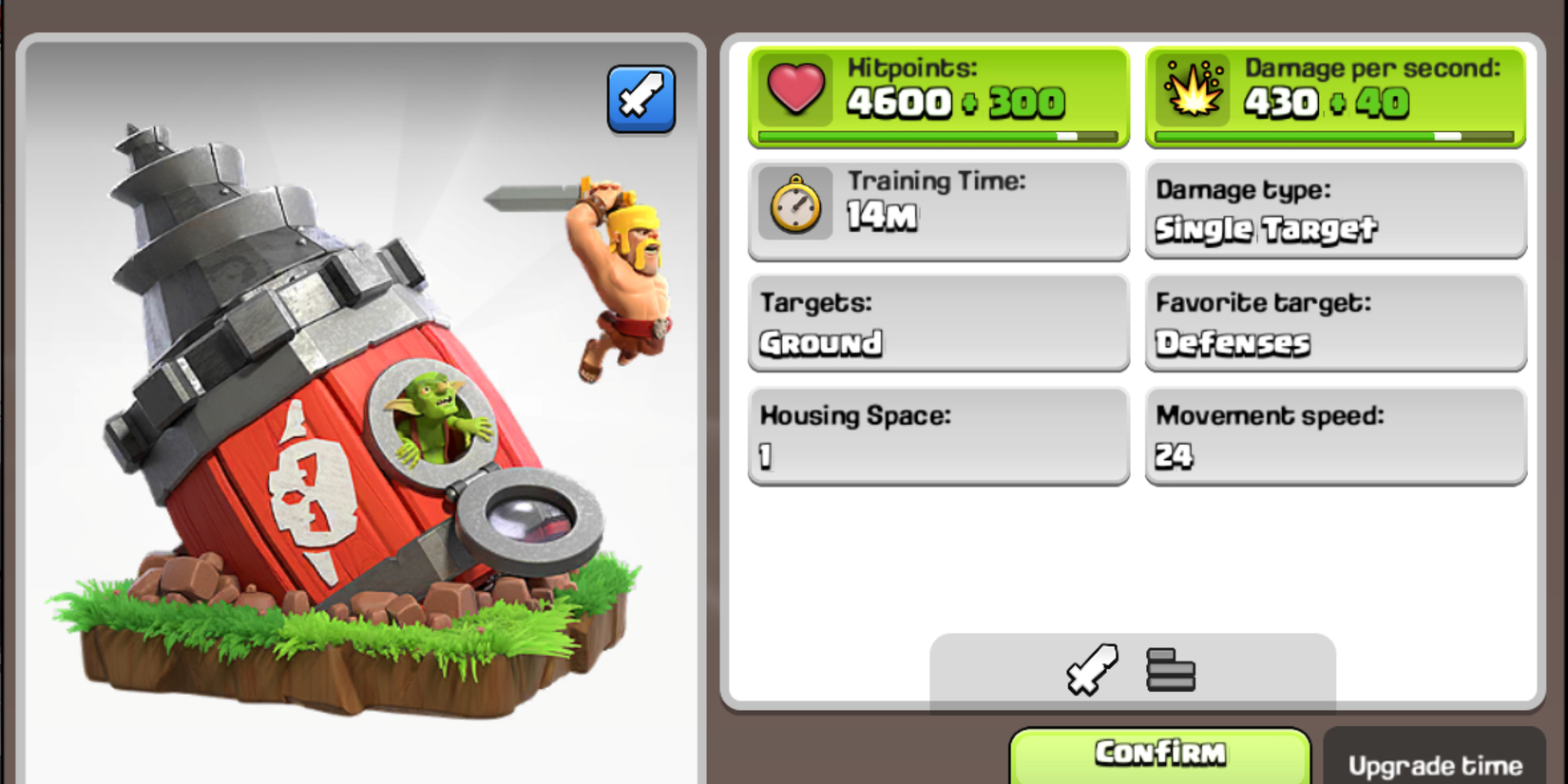 A Barbarian jumping from the Battle Drill while a Goblin watches on next to a display of its statistics in Clash of Clans