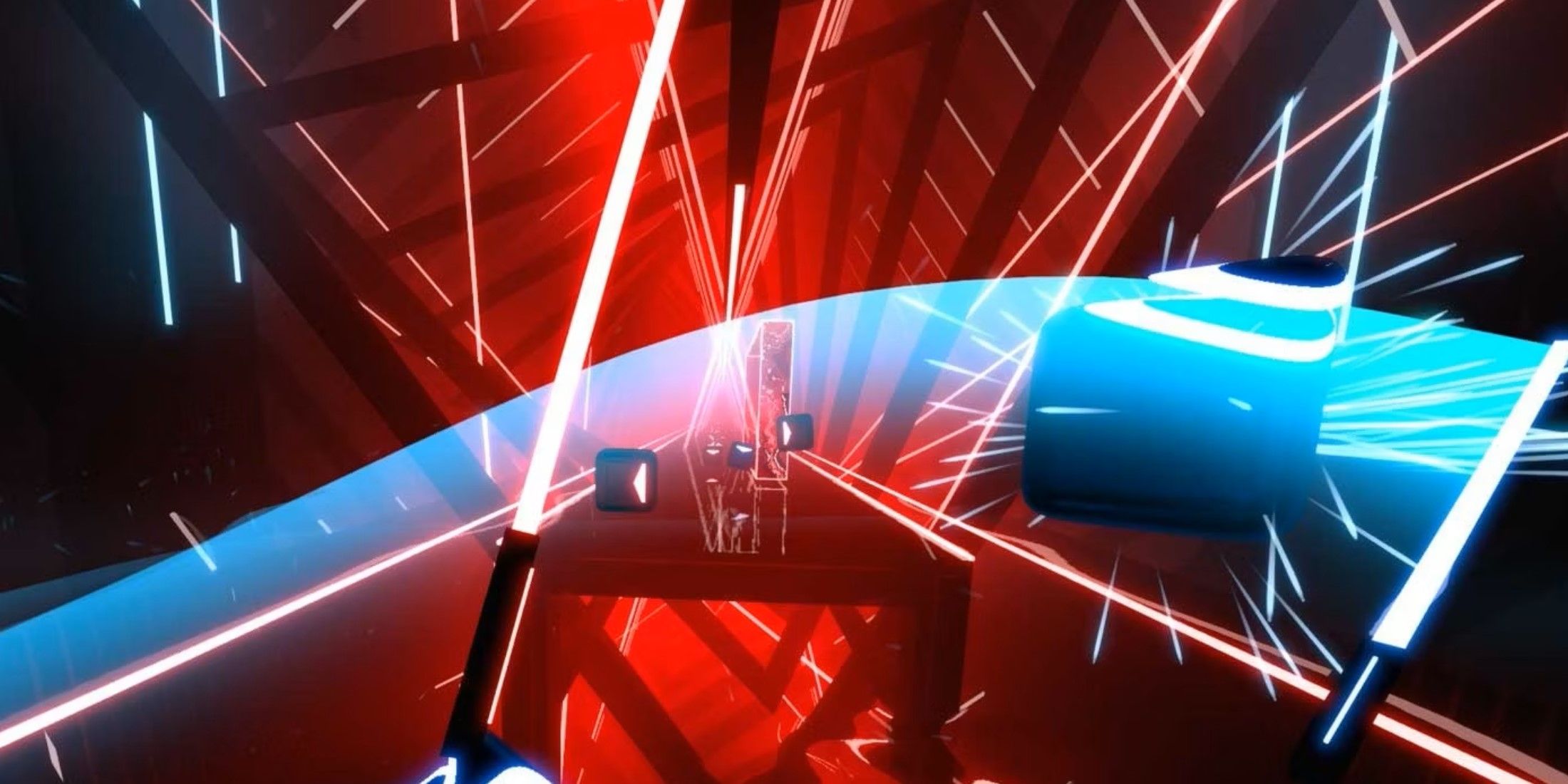 Beat Saber blue block slicing red background