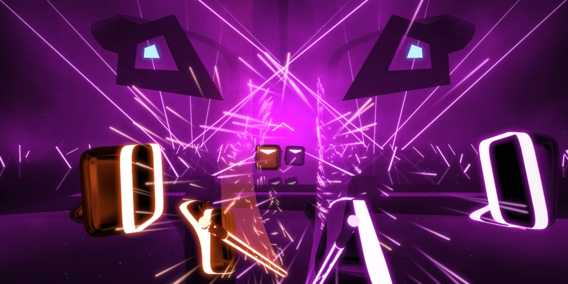 Beat Saber purple and red block slicing