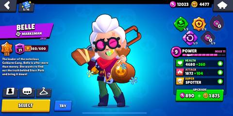 Belle standing in front of a blue background in the Brawl Stars menu