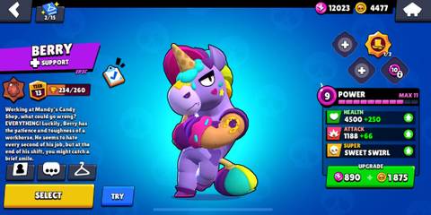 Berry standing in front of a blue background in the Brawl Stars menu