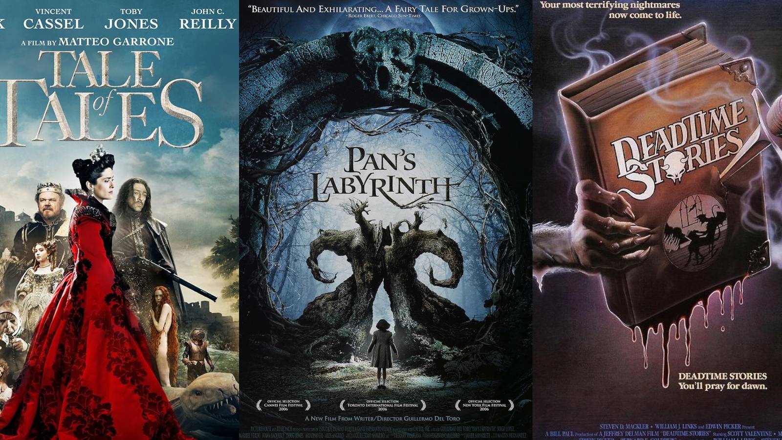 Best Fairy Tale Horror Movies, Ranked split image of movie posters for Tales of Tales, Pans Labyrinth and Deadtime Stories