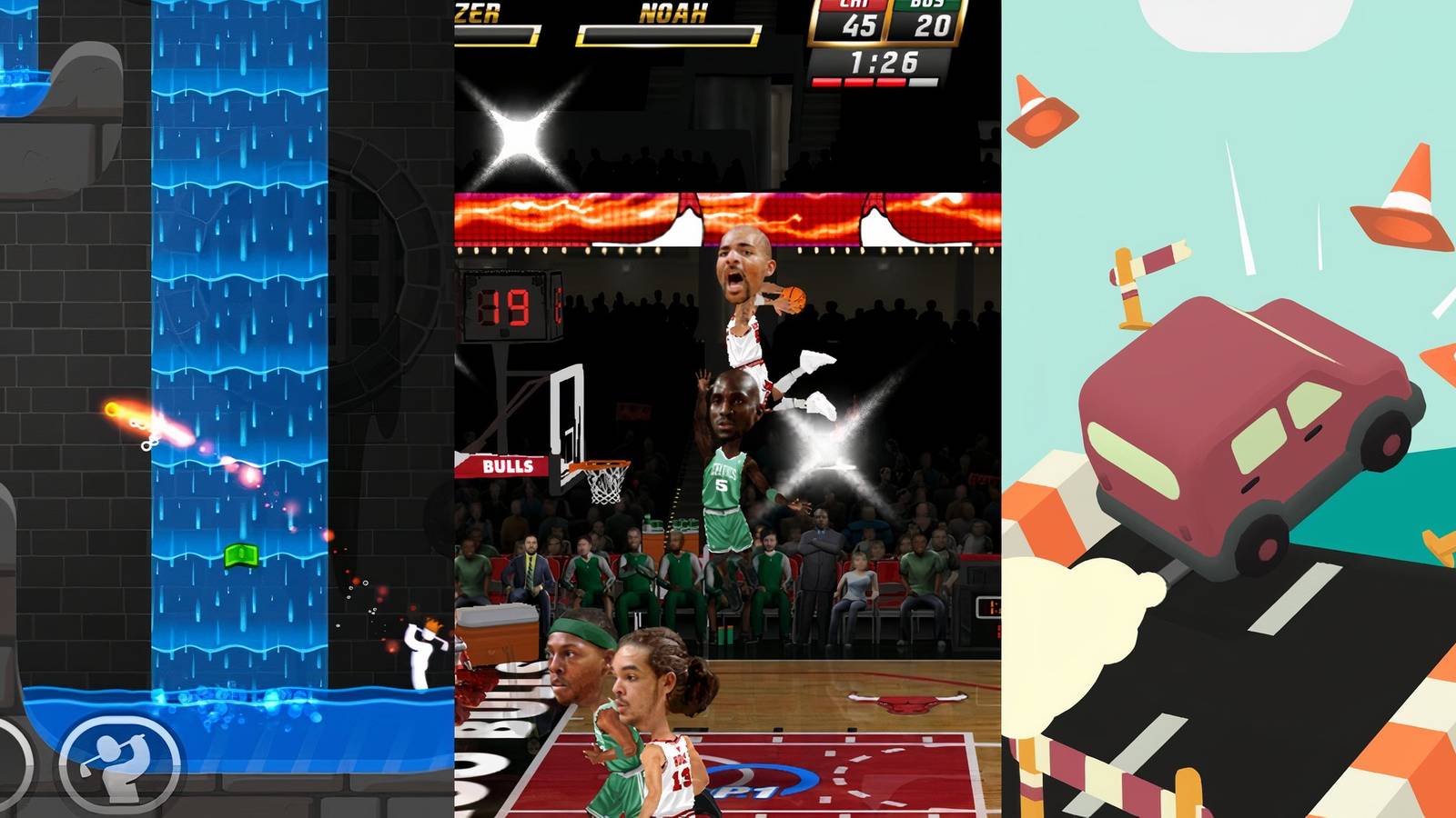 Best iOS Sports Games. L to R Super Stickman Golf 3, NBA Jam, What The Golf?