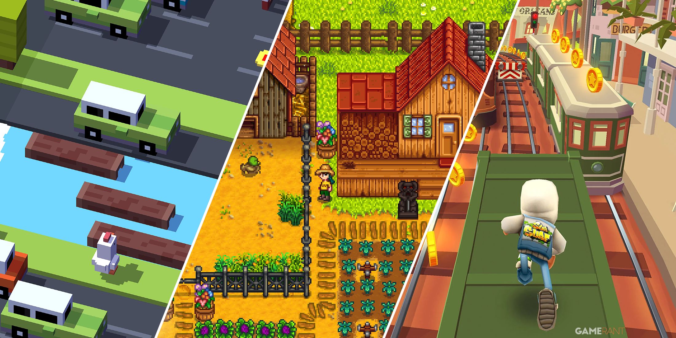 Split-image showcasing Crossy Road, Stardew Valley, and Subway Surfers