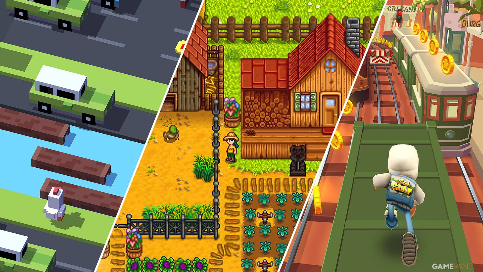 Split-image showcasing Crossy Road, Stardew Valley, and Subway Surfers