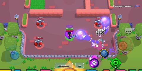 Bibi's hypercharged super shooting two purple bubble gum balls in Brawl Stars