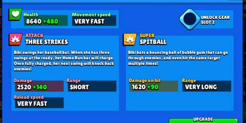A display of Bibi's stats on a blue background in Brawl Stars