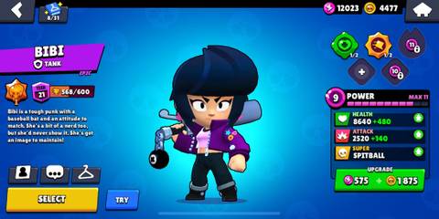 Bibi standing in front of a blue background in the Brawl Stars menu