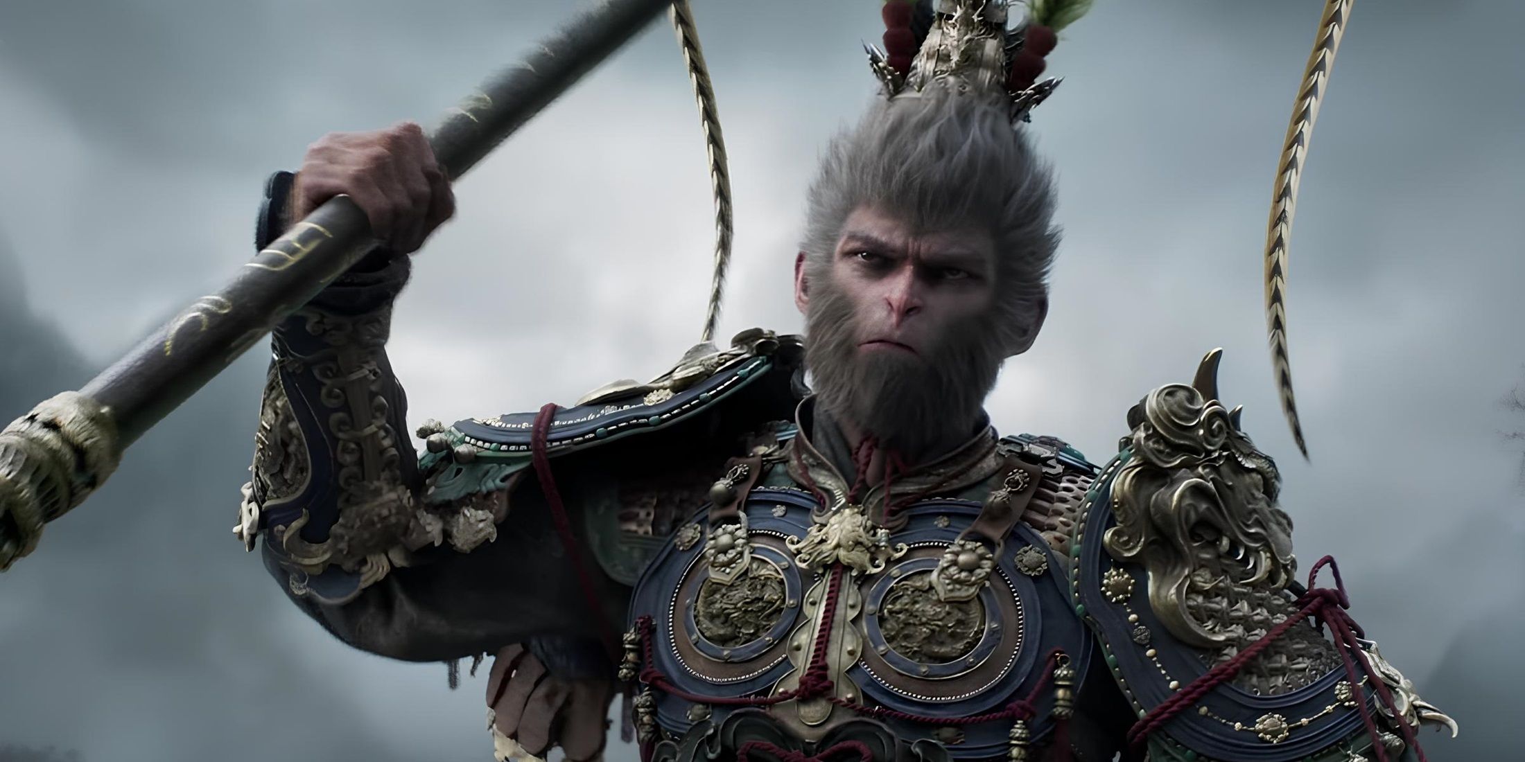 The main character from Black Myth: Wukong holding a long weapon