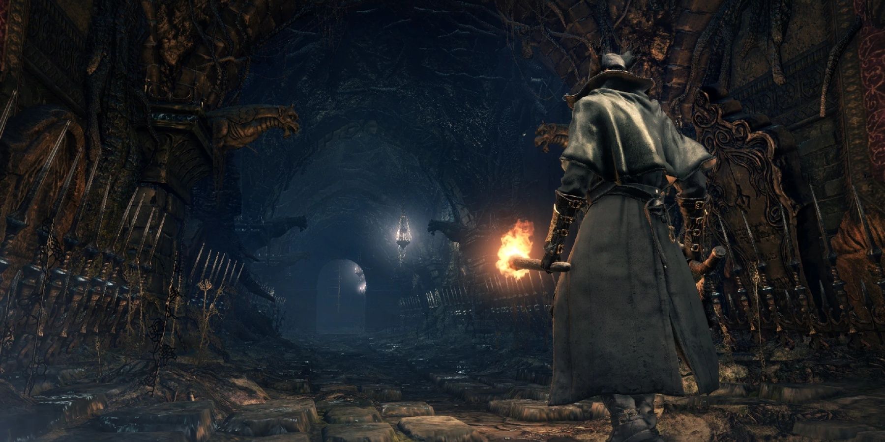 The player character exploring a Chalice Dungeon in Bloodborne.