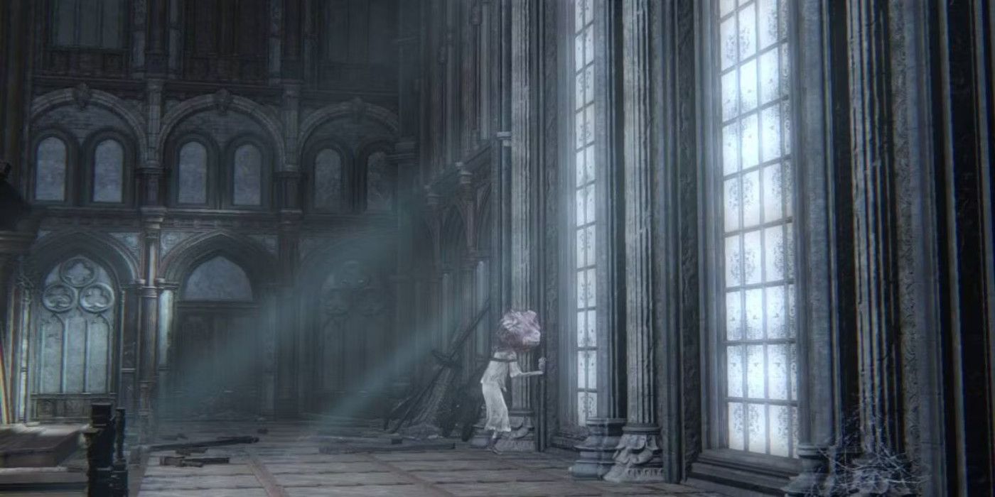 Clocktower Patient by a window in Bloodborne DLC's Research Hall