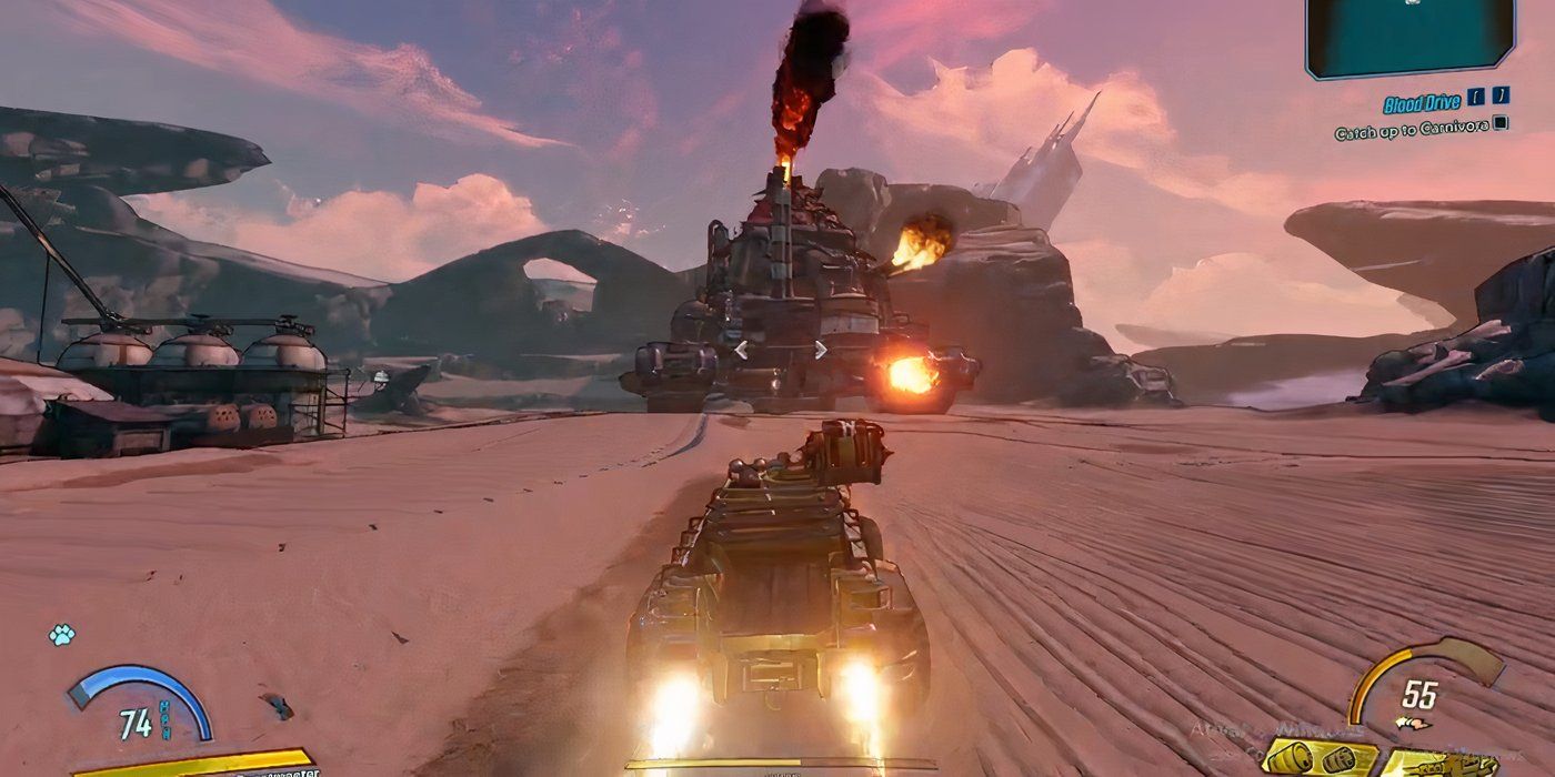 Borderlands 3 Blood Drive mission chasing Carnivora vehicle in desert