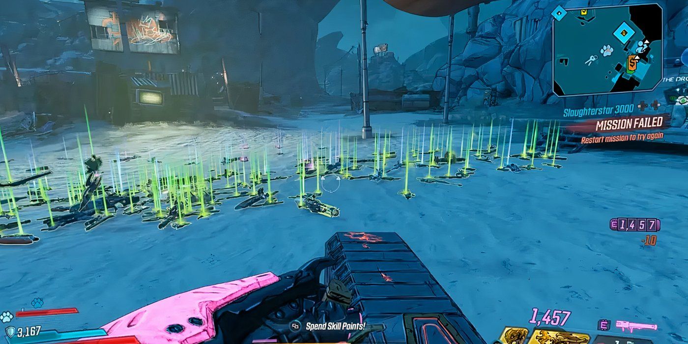 Borderlands 3 Eridian Fabricator loads of guns strewn across night desert scene