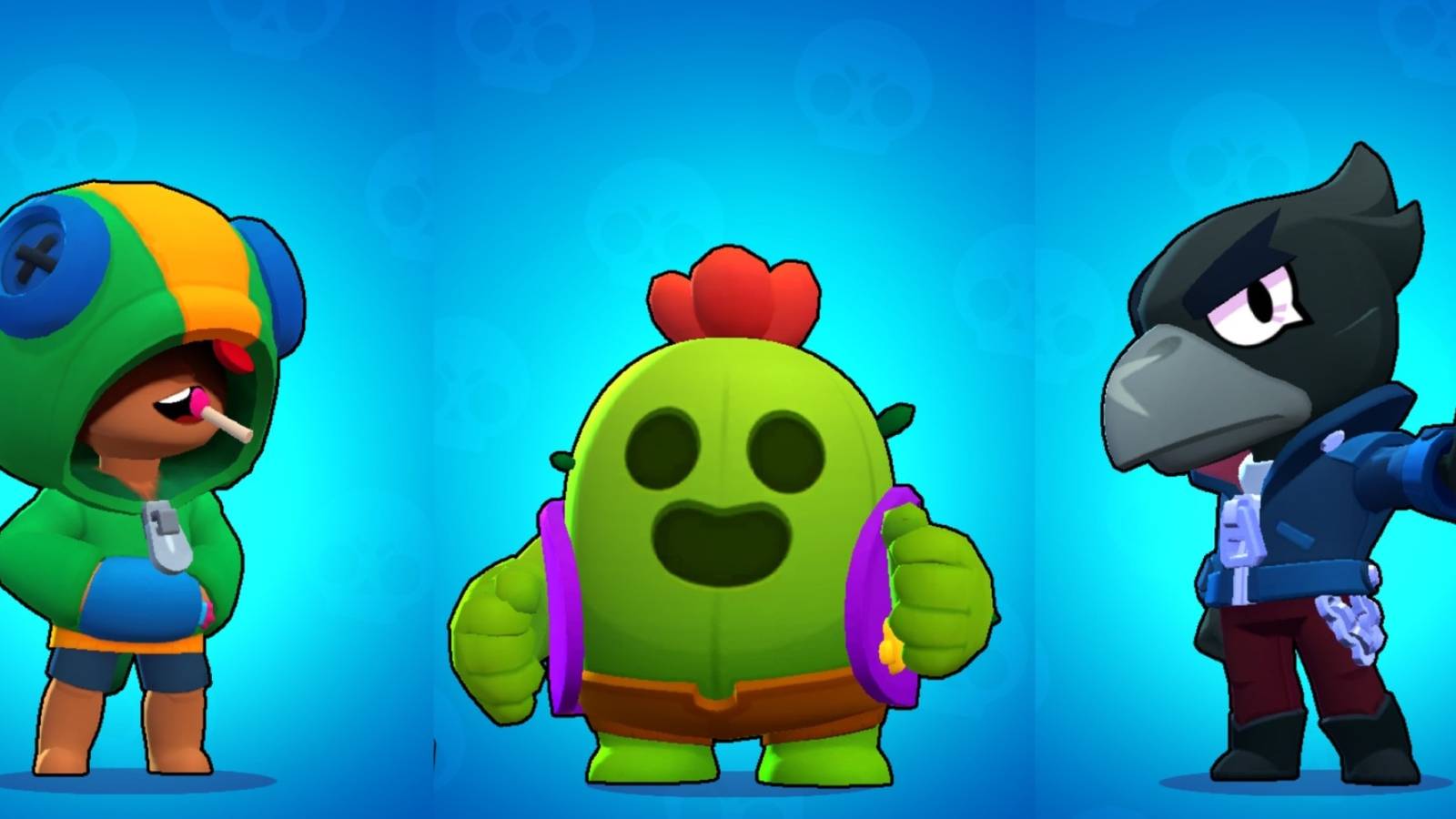 Leon, Spike, and Crow on a blue background in Brawl Stars