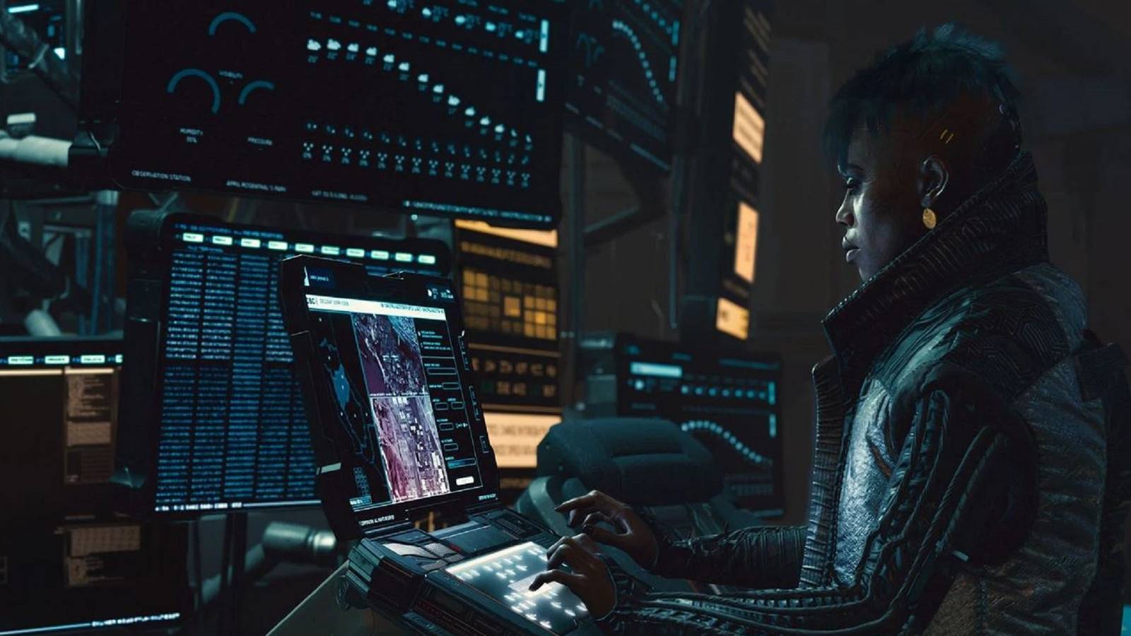 Maman Brigitte, leader of the Voodoo Boys and a highly skilled netrunner in Night City (Cyberpunk 2077)