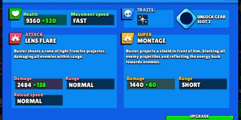 A display of Buster's stats on a blue background in Brawl Stars