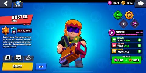 Buster standing in front of a blue background in the Brawl Stars menu