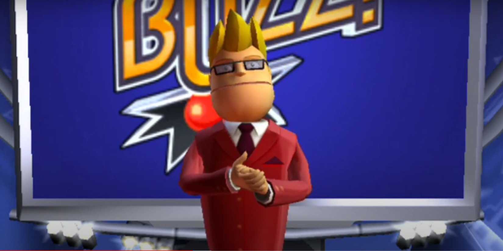Buzz the Big Quiz - host in front of the Buzz screen
