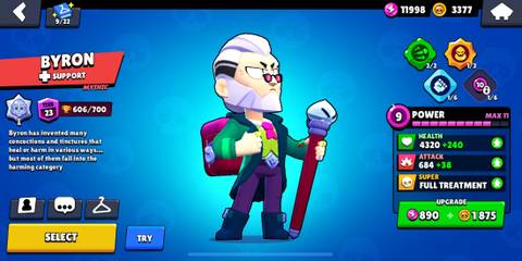 Byron standing in front of a blue background in the Brawl Stars menu