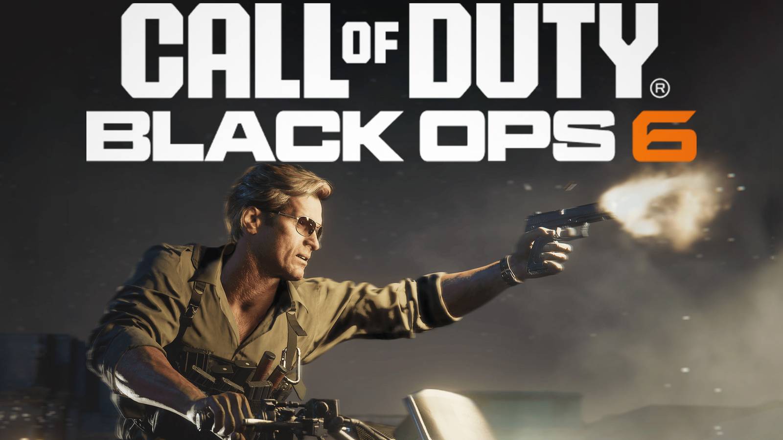 Call of Duty Black Ops 6 logo above character shooting handgun on motorcycle 2x1 composite
