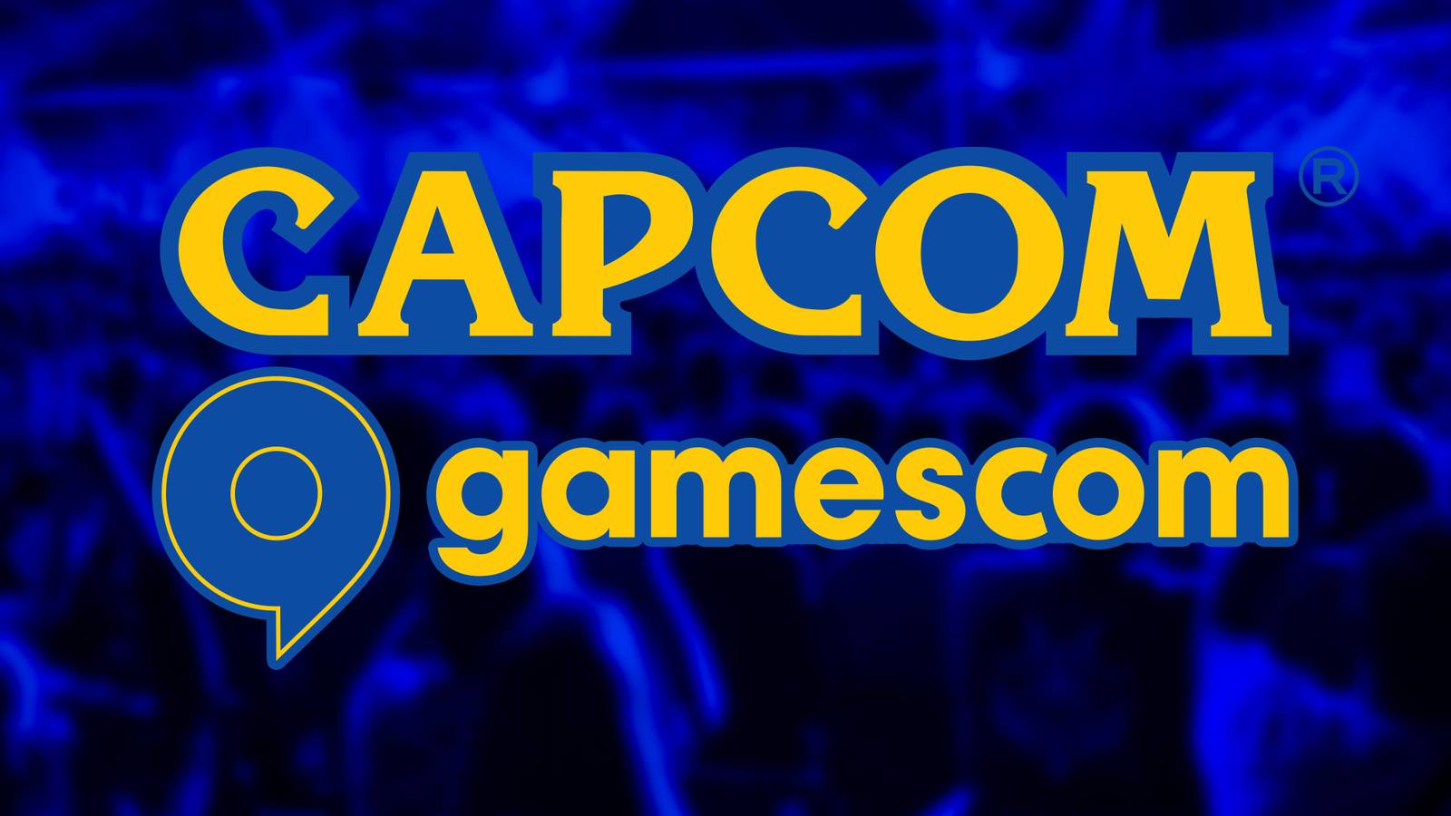 Capcom and Gamescom logos on blue-tinted blurred audience photo