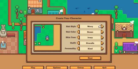 Character creation screen in Littlewood, with options for hair style, color, outfit, and personality