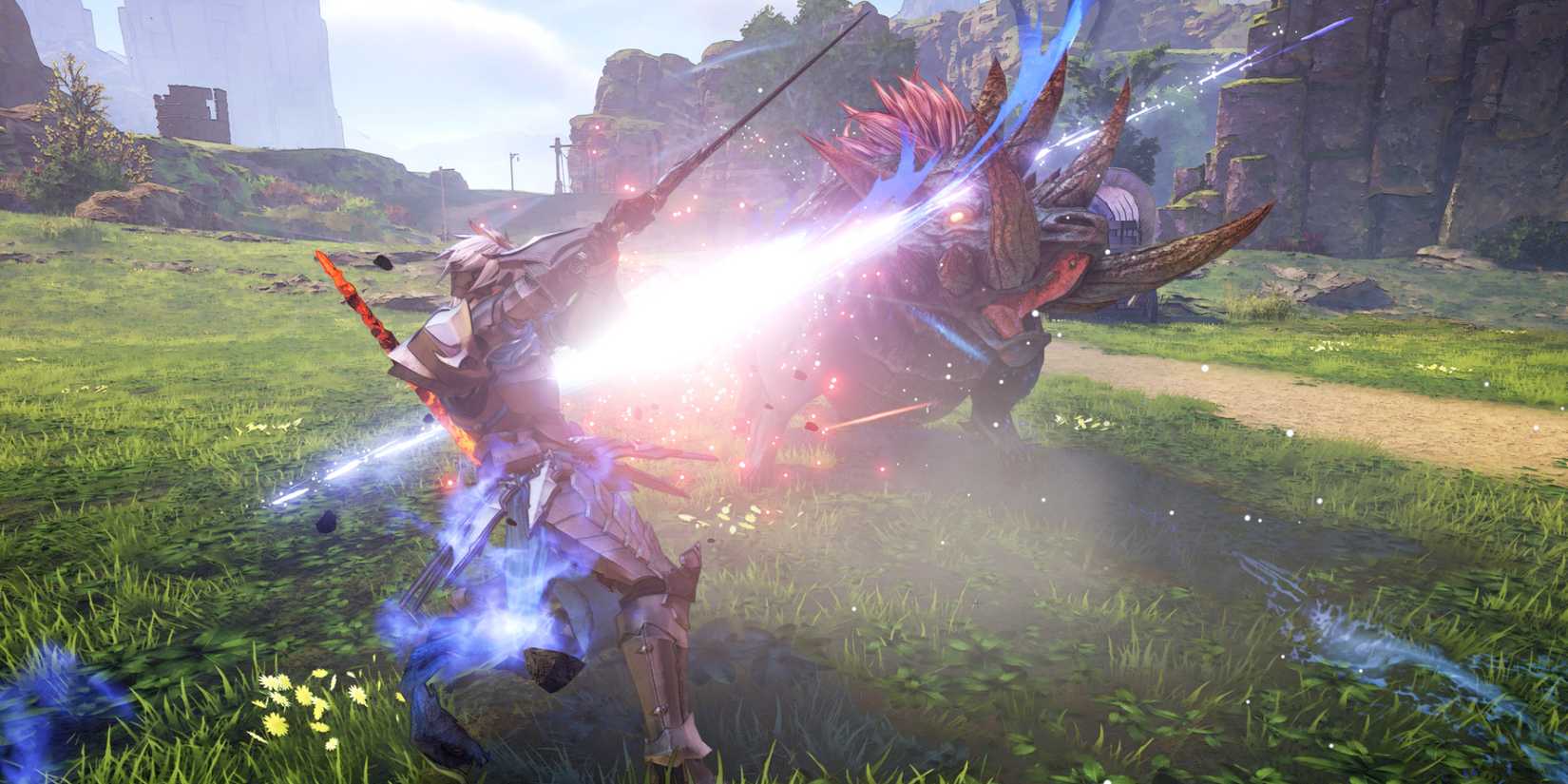 Character engaging in sword combat against a large creature in Tales of Arise