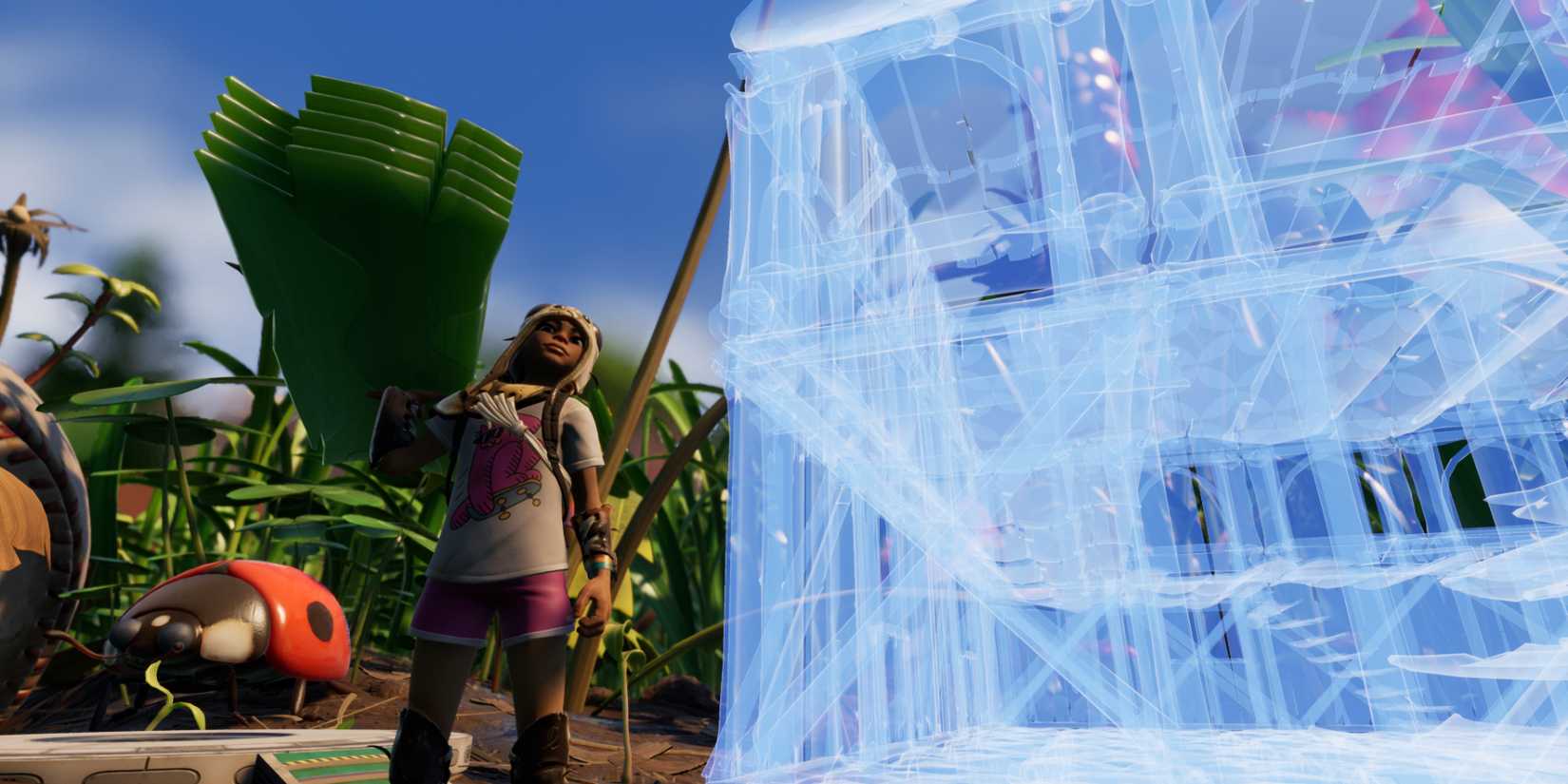 Character holding large leaves for construction in Grounded