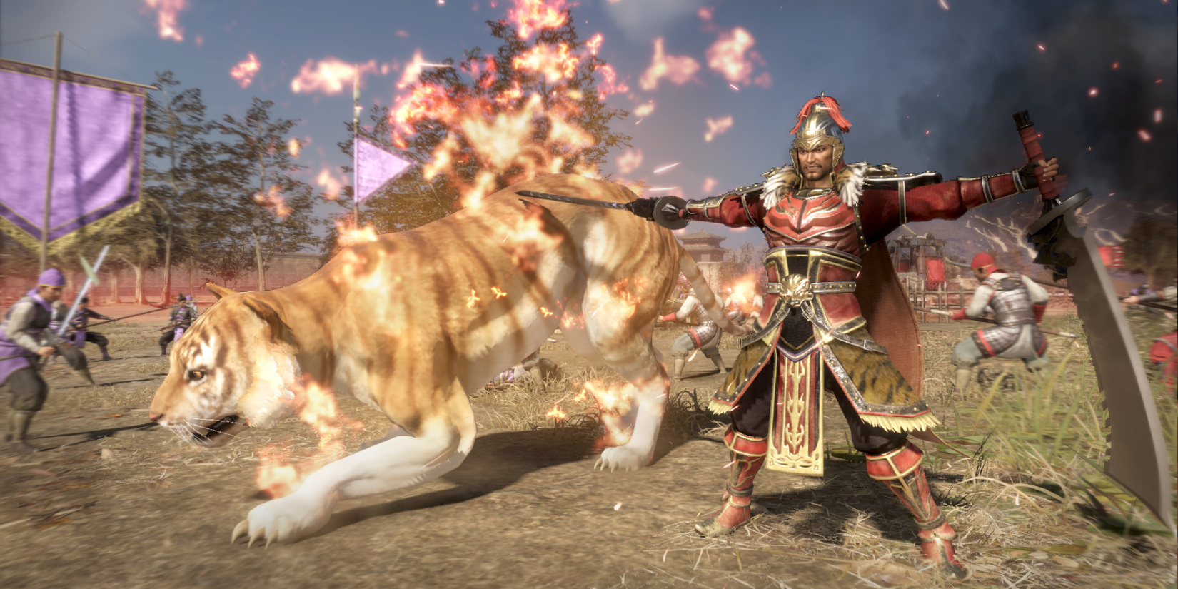 Character prepares for battle alongside a tiger in Dynasty Warriors