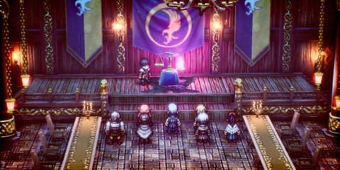 Characters gather in front of a scale in Triangle Strategy