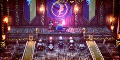 Characters gather in front of a scale in Triangle Strategy