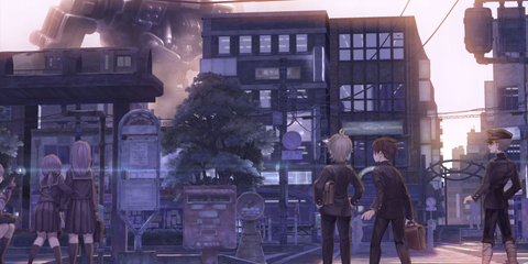 Characters observe a giant robot in 13 Sentinels Aegis Rim