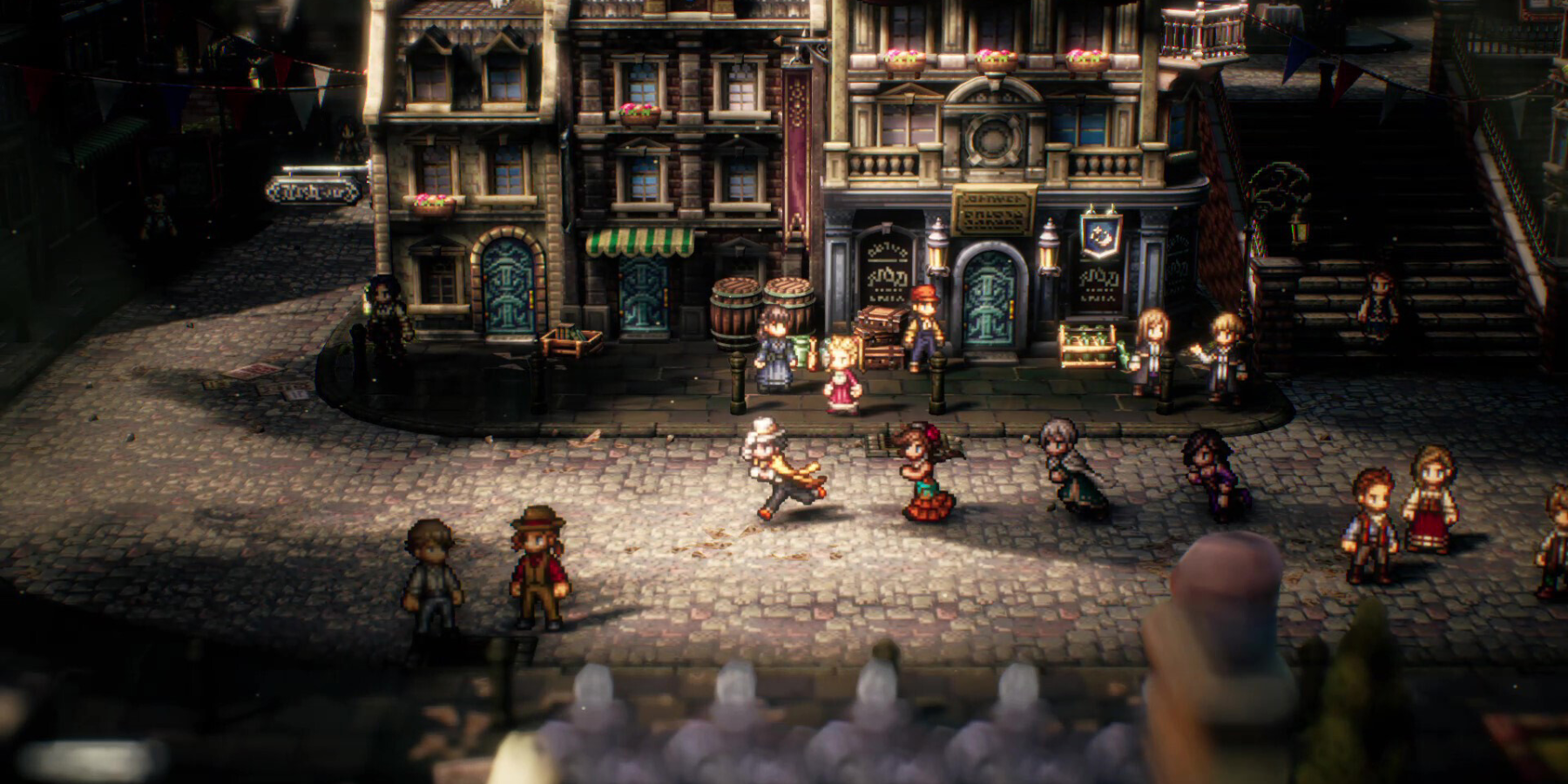 Characters run through the streets of a city in Octopath Traveler 2