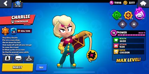 Charlie standing in front of a blue background in the Brawl Stars menu