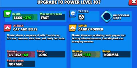 A display of Chester's stats on a blue background in Brawl Stars