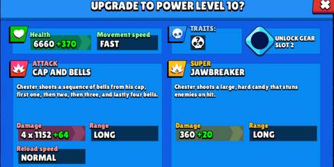 A second display of Chester's stats on a blue background in Brawl Stars
